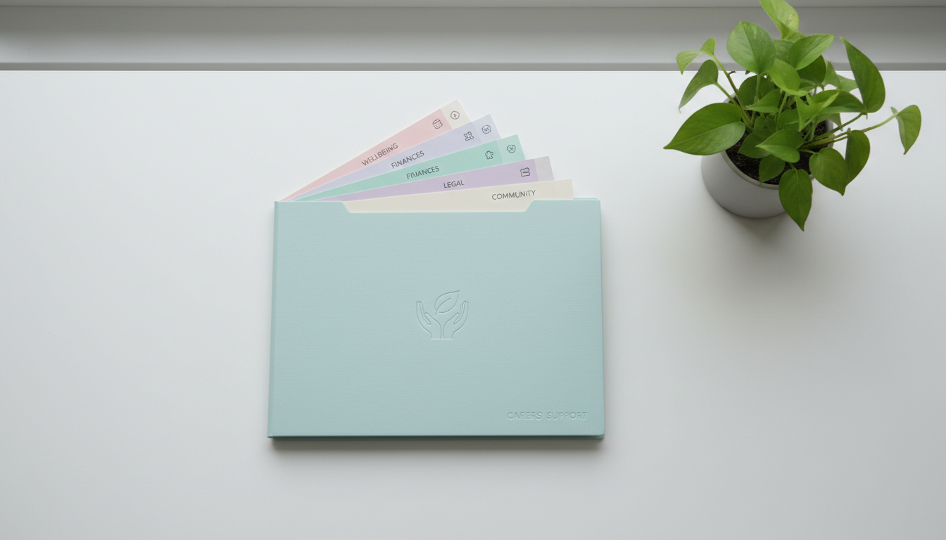 A beautifully detailed information folder with a textured, matte pastel cover marked with an embossed logo, partially open to reveal neatly arranged color-coded resource tabs. The folder rests on a minimalist white desk beside a small, leafy green plant in a matte ceramic container. The setting is bathed in gentle, overcast daylight from a nearby window, creating even, shadowless illumination for a serene mood. Captured from an overhead, bird's eye view, the scene emphasizes a clean, organized aesthetic perfect for a trusted source of carers’ support.