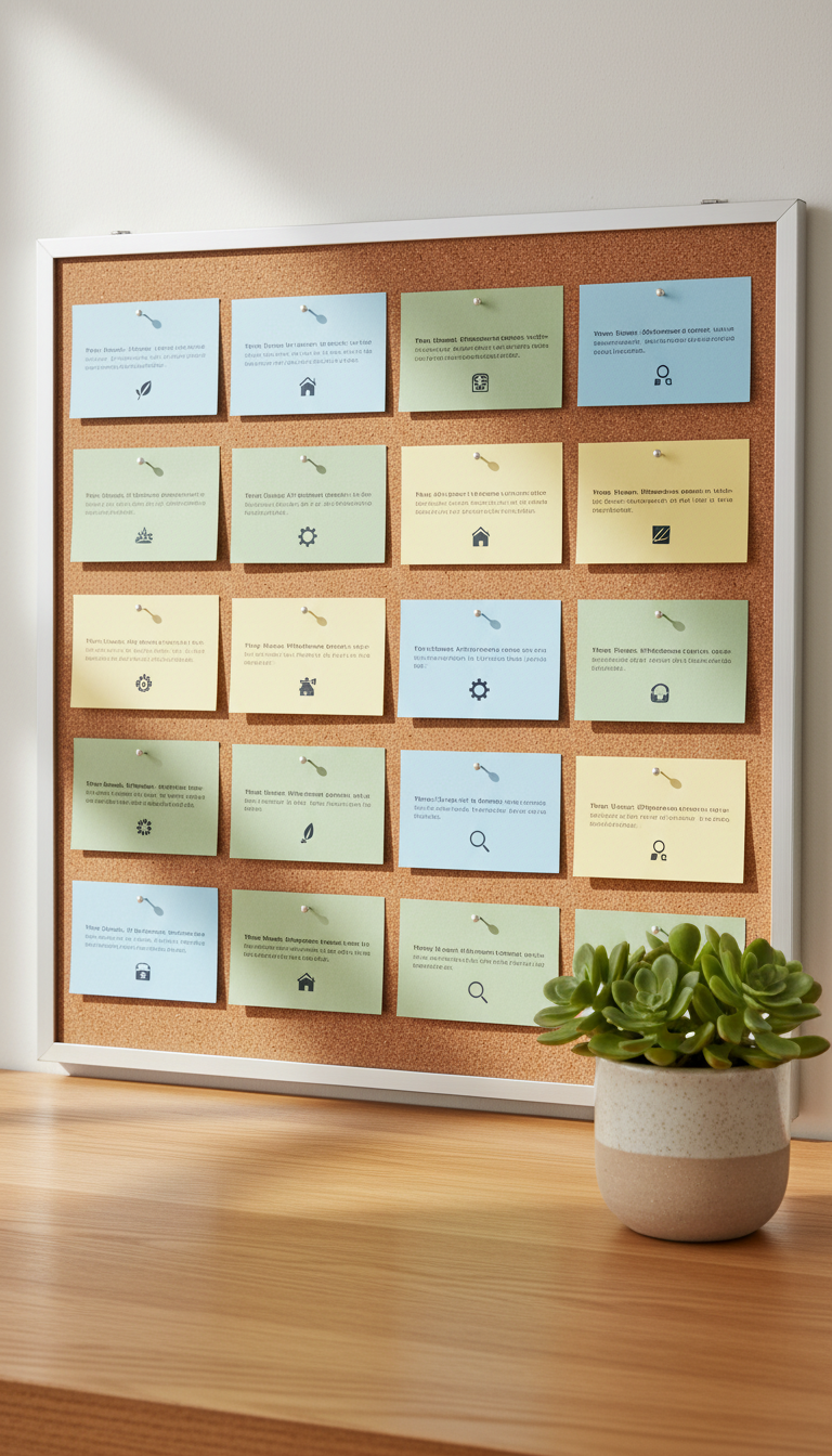 A meticulously organized cork bulletin board with various types of resource cards and leaflets pinned in neat rows. The papers are a combination of pastel blues, greens, and gentle yellows with finely printed text and simple graphic icons. The background desk surface is a smooth oak wood, and beside the board sits a small ceramic pot with a thriving green plant, symbolizing support and growth. Soft, diffused daylight pours in from an unseen window, creating natural highlights and very subtle shadow play. The frame is shot from a slightly elevated, eye-level perspective, maintaining sharp focus throughout, emulating a clean, modern, and approachable style ideal for a resource hub.