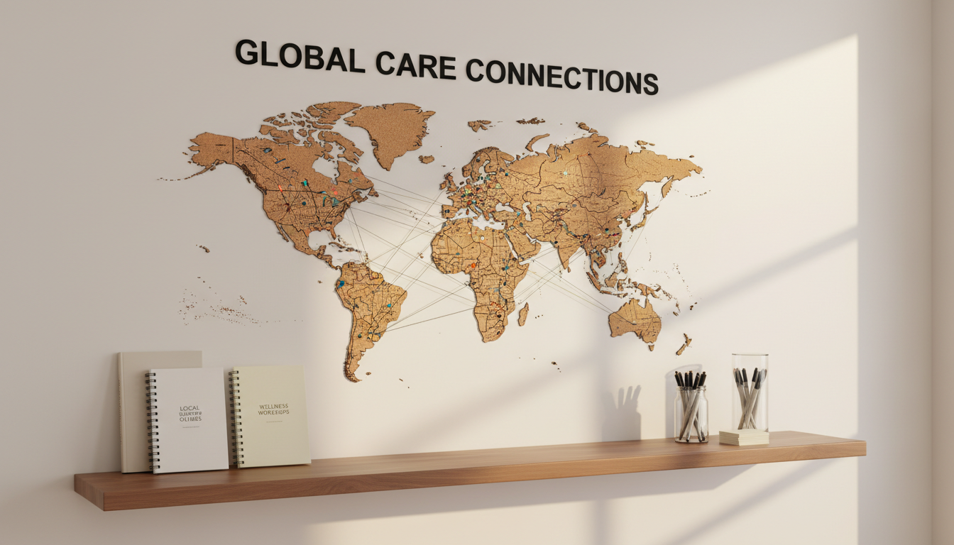 A modern cork world map board with colored pins and threads delicately connecting different landmarks, symbolizing community resources throughout a city. The map is mounted on a clean, off-white wall above a long, sleek walnut shelf lined with resource booklets and a stylish glass jar filled with pens and note cards. Warm, late-afternoon sunlight streams in, highlighting the map’s textures and casting soft, elongated shadows that provide depth. The composition uses an asymmetrical frame, creating a dynamic yet orderly feel, in a clean, contemporary style reflective of a reliable carers’ resource hub.