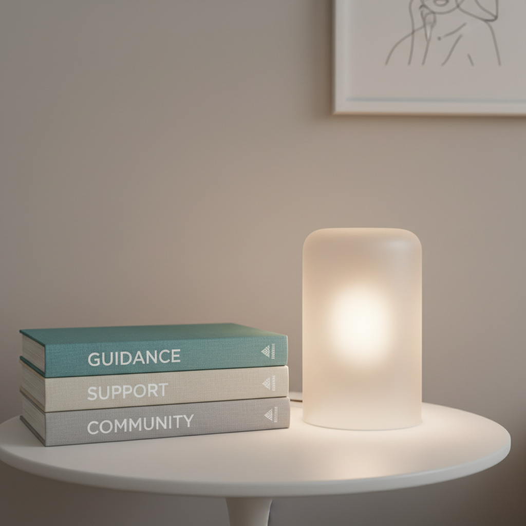 A stack of thoughtfully arranged hardcover books with textured linen covers in calming shades of teal, cream, and grey, each spine labeled with words like 'Guidance,' 'Support,' and 'Community.' The stack is set on a smooth, modern side table next to a frosted glass lamp that casts gentle, ambient light, producing a calm and inviting mood. The background is a soft, neutral wall with minimal decor. Shot from a low angle, the composition follows the rule of thirds and delivers a balanced, clean, and contemporary visual that suits an information portal for carers.